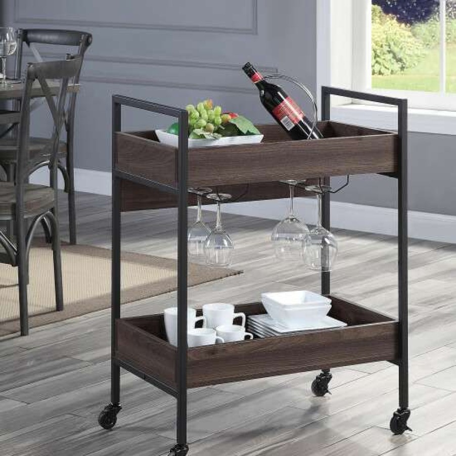 Kitchen & Dining * | Wholesale Simple Relax Serving Cart With Wheels In Walnut And Black Finish