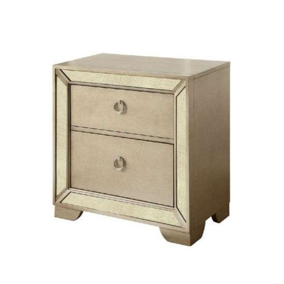 Furniture * | Coupon Simple Relax 2 Drawers Nightstand With Antique Mirror Panels, Champagne