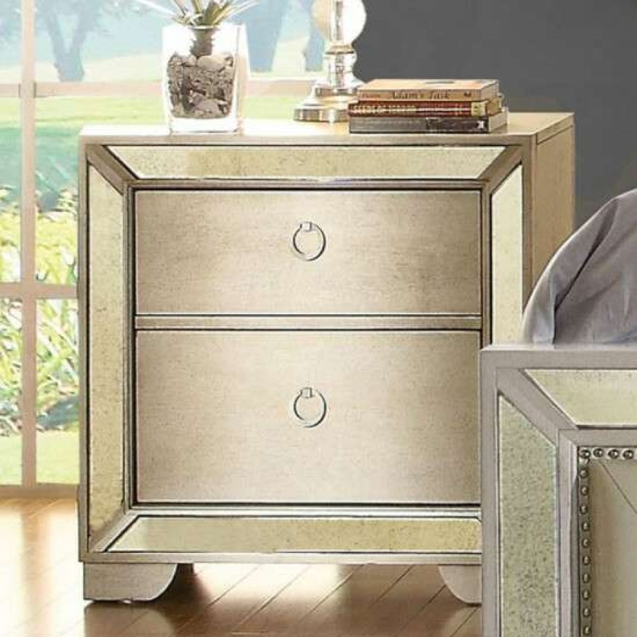 Furniture * | Coupon Simple Relax 2 Drawers Nightstand With Antique Mirror Panels, Champagne