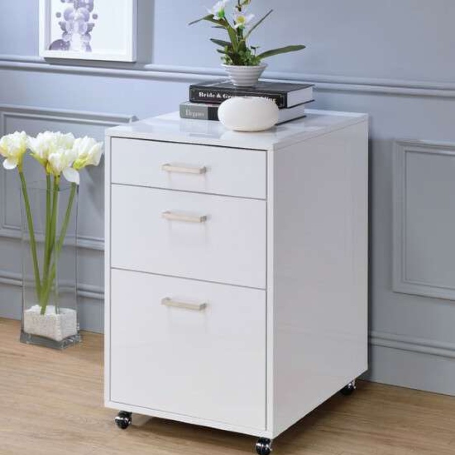 Furniture * | Cheap Simple Relax 3 Drawers File Cabinet In White High Gloss And Chrome Finish