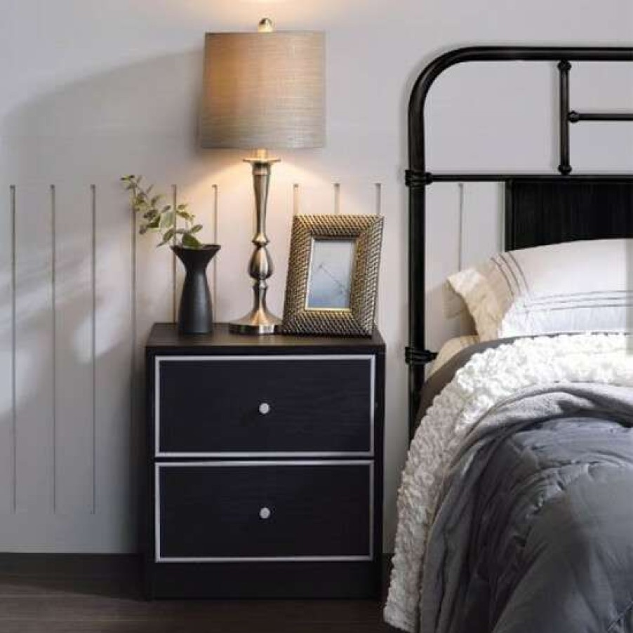 Furniture * | Brand New Simple Relax Wood Nightstand With 2 Drawers In Black And Silver