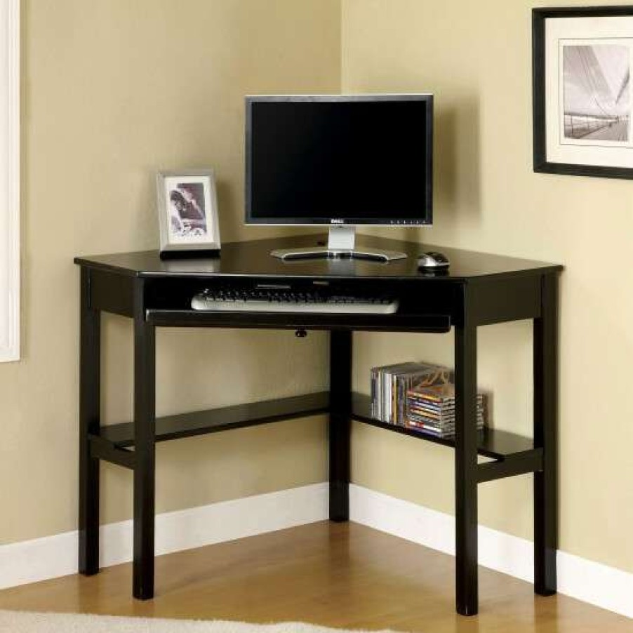 Furniture * | Top 10 Simple Relax Wood Corner Computer Desk, Black Finish