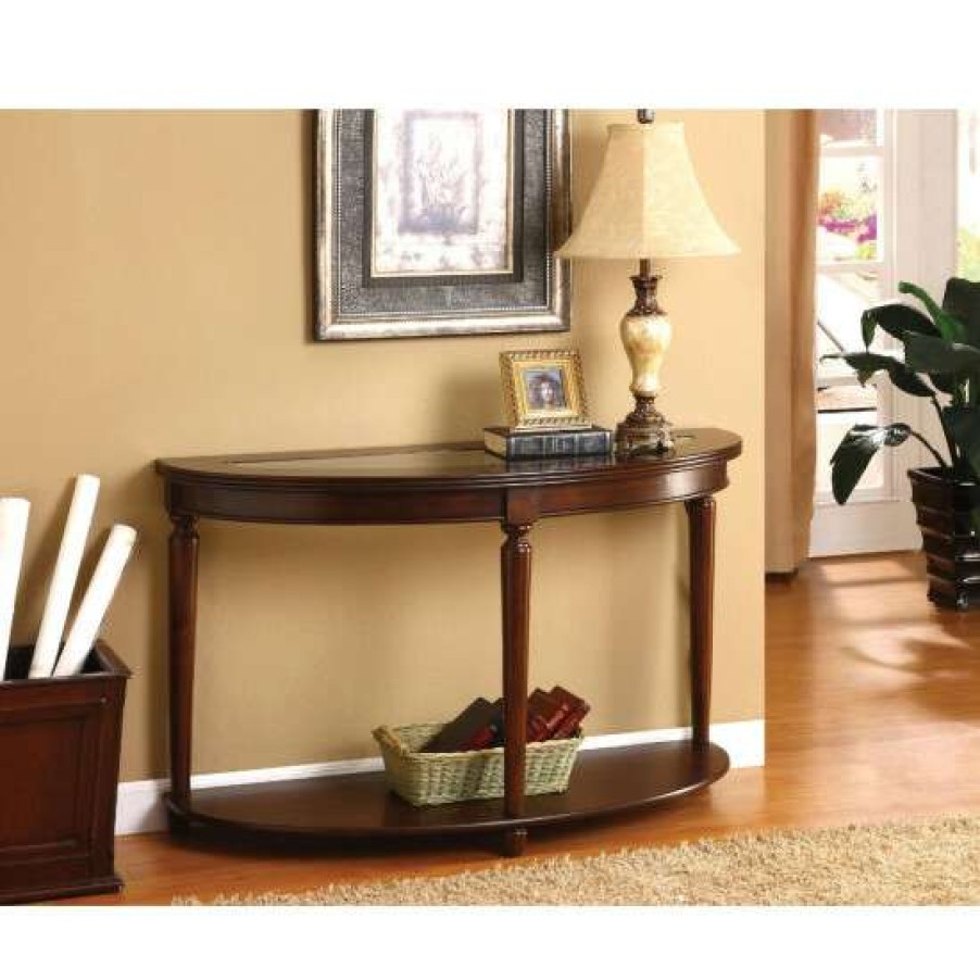 Furniture * | Discount Simple Relax Tempered Glass And Wood Sofa Table In Dark Cherry Finish