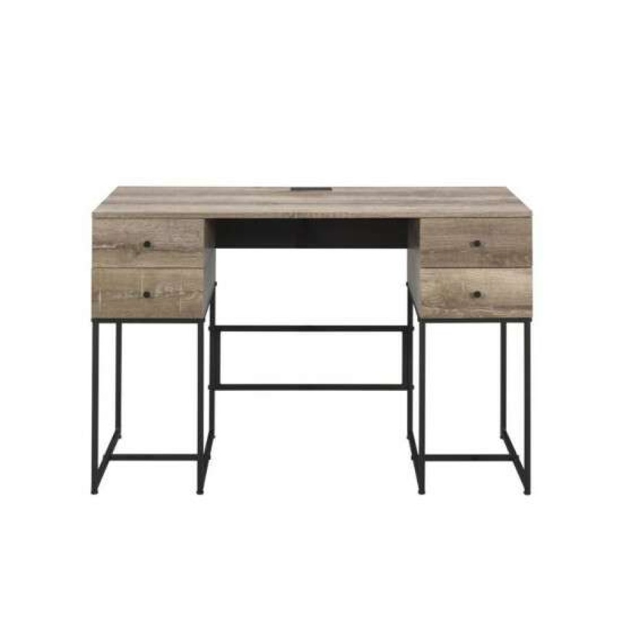 Furniture * | Flash Sale Simple Relax 4 Drawers Writing Desk In Rustic Oak And Black Finish