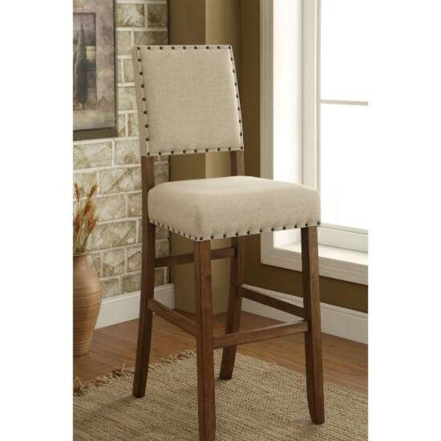 Furniture * | Deals Simple Relax Set Of 2 Fabric Upholstered Bar Chair In Beige And Rustic Oak