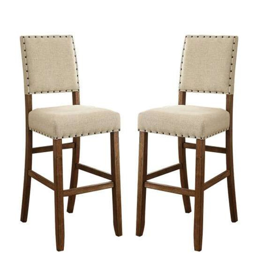 Furniture * | Deals Simple Relax Set Of 2 Fabric Upholstered Bar Chair In Beige And Rustic Oak