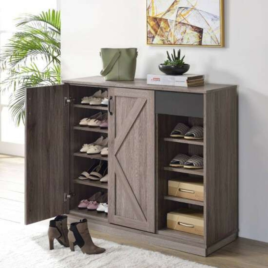 Home Improvement * | Best Sale Simple Relax Wood Shoe Cabinet With Storage Space In Rustic Gray Oak