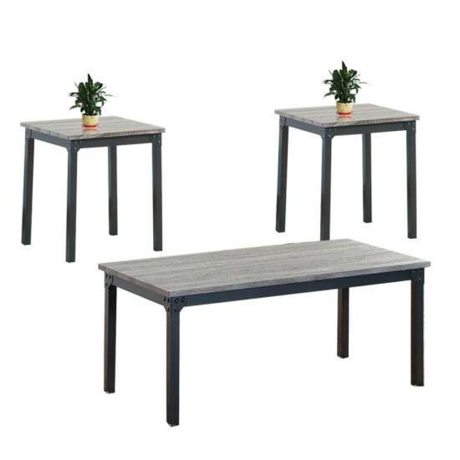 Furniture * | Brand New Simple Relax 3 Piece Metal Frame Coffee And End Table Set In Grey And Black Finish