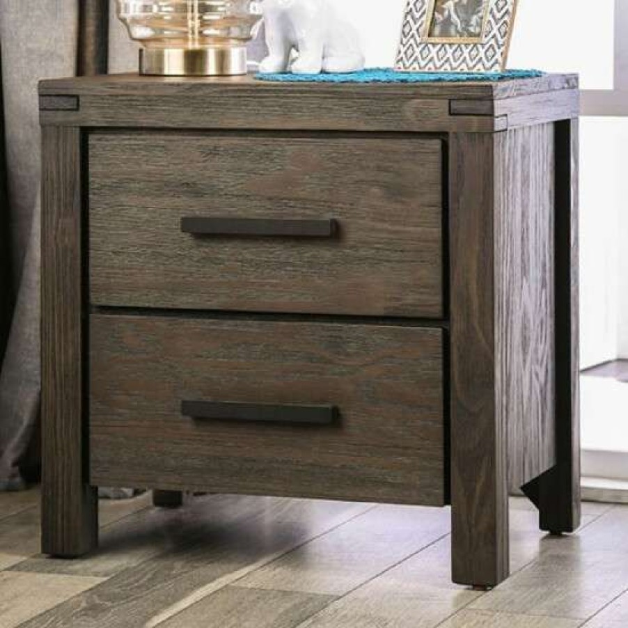 Furniture * | Buy Simple Relax 2 Drawers Nightstand With Metal Bar Handles Wire-Brushed Rustic Brown