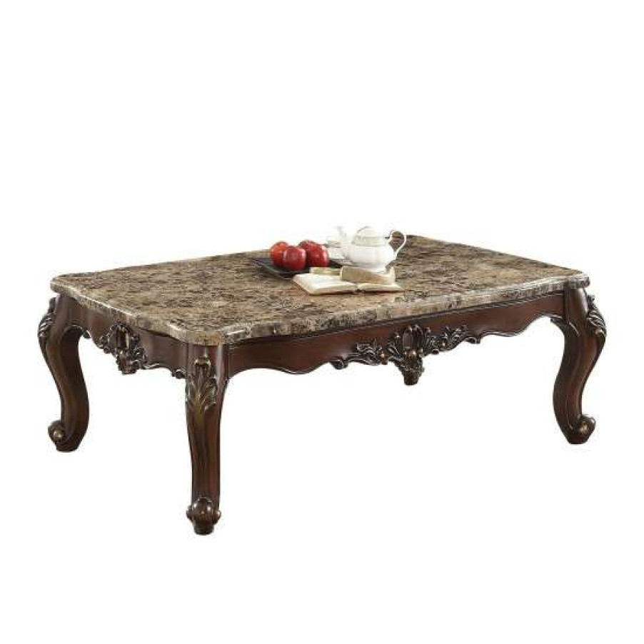 Furniture * | Cheapest Simple Relax Marble Top Coffee Table With Wood Legs In Dark Walnut