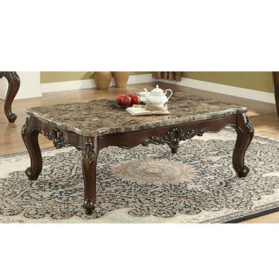 Furniture * | Cheapest Simple Relax Marble Top Coffee Table With Wood Legs In Dark Walnut