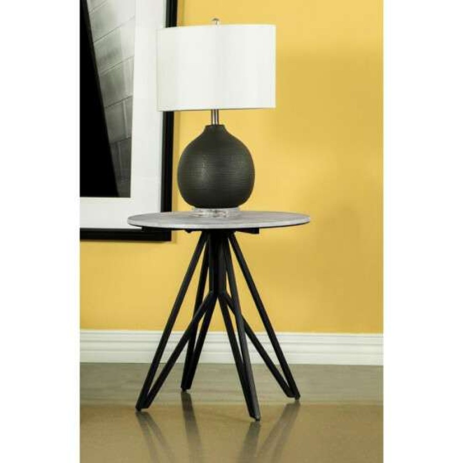 Furniture * | Best Sale Simple Relax Round Wood End Table With Metal Base In Gunmetal And Cement