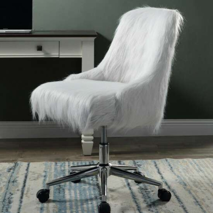 Furniture * | Hot Sale Simple Relax White Faux Fur Office Chair With Swivel Seat