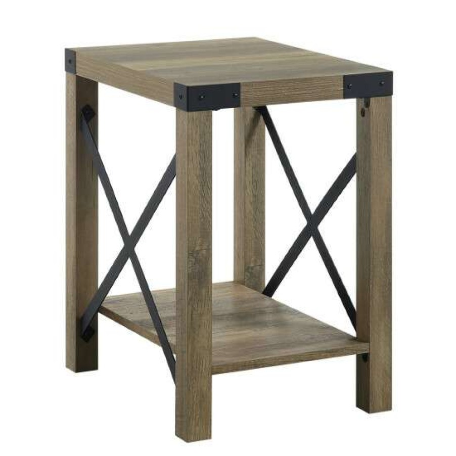 Furniture * | Budget Simple Relax 1 Open Shelf Wood End Table With X Metal Base In Rustic Oak And Black