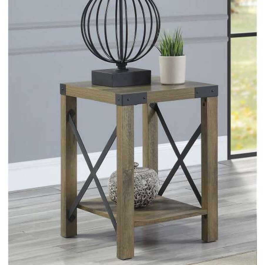 Furniture * | Budget Simple Relax 1 Open Shelf Wood End Table With X Metal Base In Rustic Oak And Black