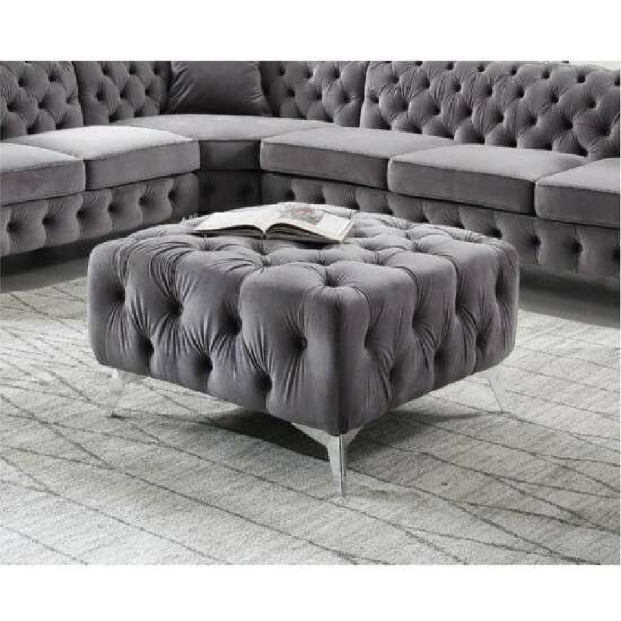 Furniture * | Best Pirce Simple Relax Velvet Upholstered Ottoman With Button Tufting In Dark Gray