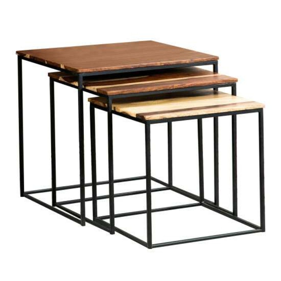 Furniture * | Coupon Simple Relax 3 Piece Square Nesting Table With Metal Base In Natural And Black