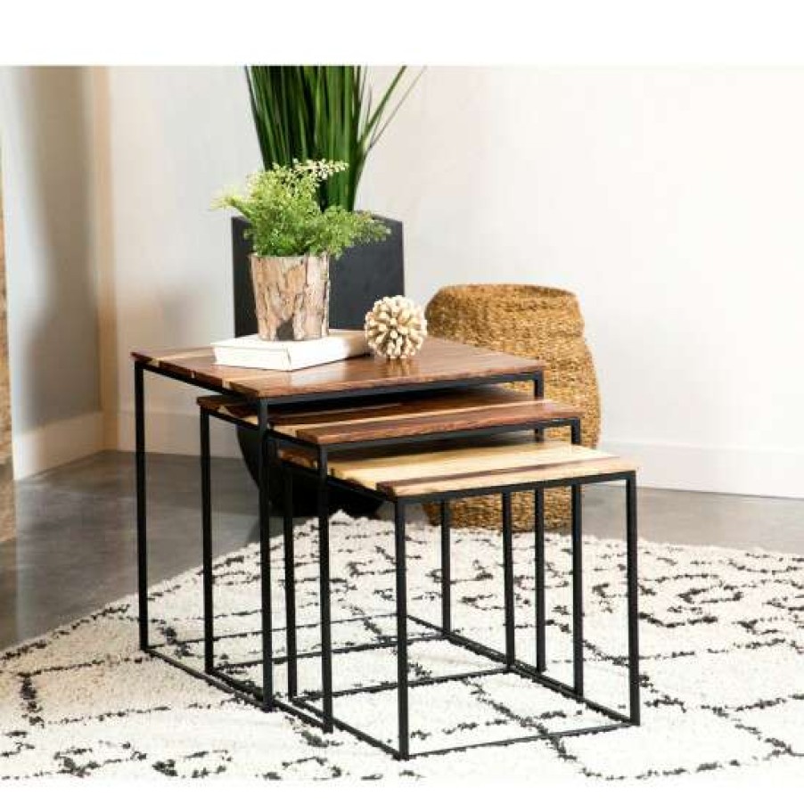 Furniture * | Coupon Simple Relax 3 Piece Square Nesting Table With Metal Base In Natural And Black