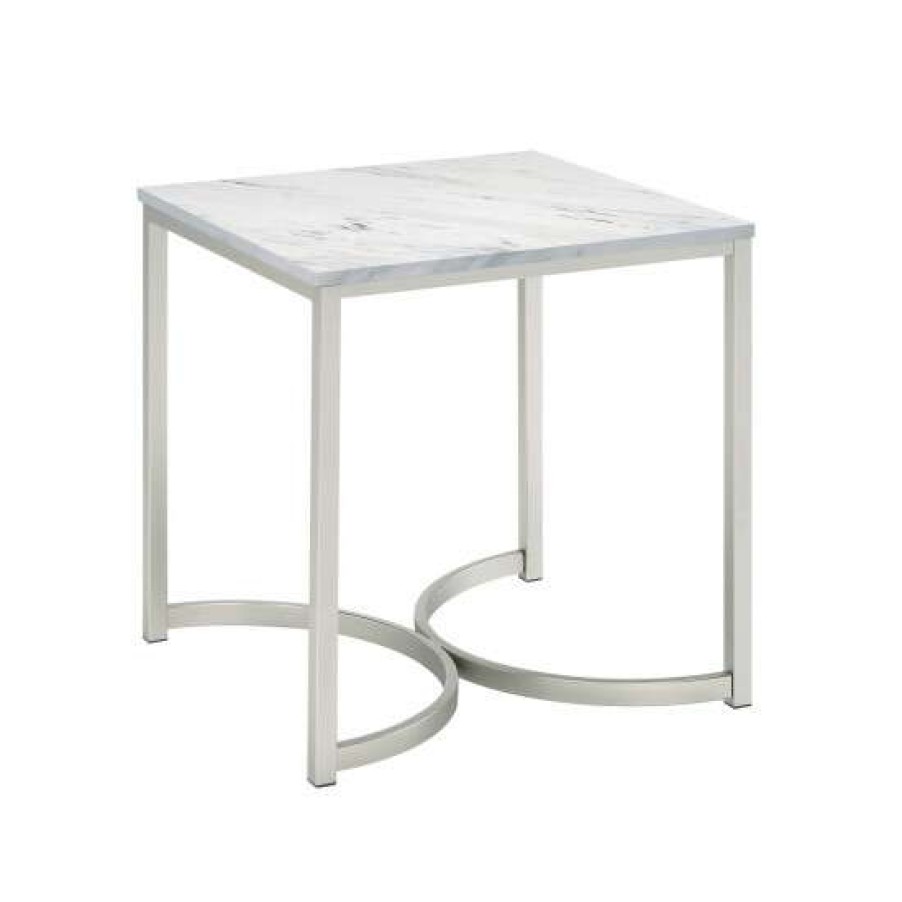 Furniture * | Hot Sale Simple Relax Square Faux Marble End Table With Metal Base In White And Satin Nickel