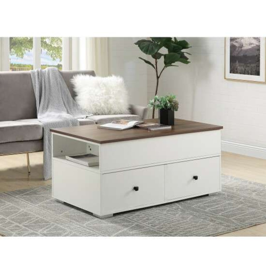 Furniture * | Best Deal Simple Relax 2 Drawers Coffee Table With Open Compartments In White And Walnut