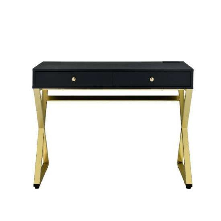 Furniture * | Best Pirce Simple Relax Built-In Usb Port Writing Desk With Storage Drawer In Black Black And Brass