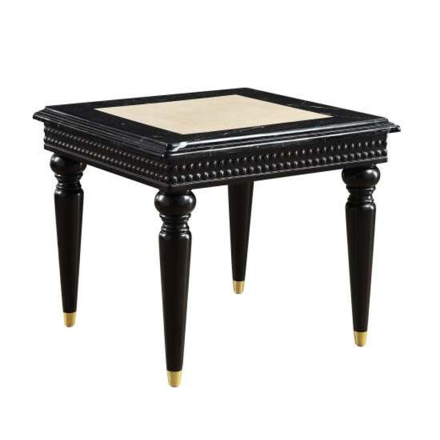 Furniture * | Deals Simple Relax Square Marble Top End Table With Wooden Turn Legs In Black