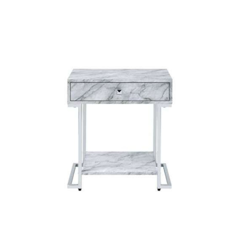 Furniture * | New Simple Relax Faux Marble Accent Table With Storage Space In Chrome