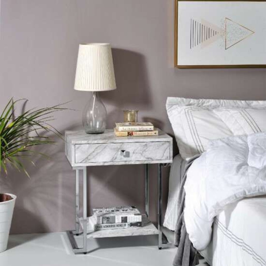 Furniture * | New Simple Relax Faux Marble Accent Table With Storage Space In Chrome