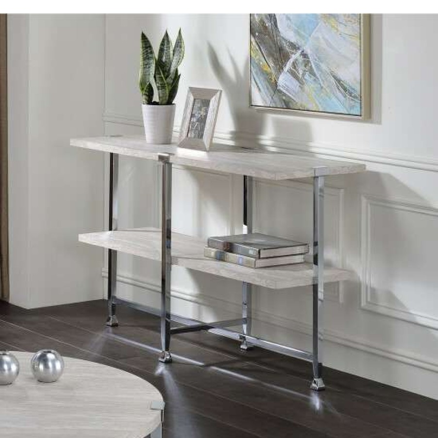 Furniture * | Cheap Simple Relax Wooden And Metal Sofa Table In White Oak And Chrome