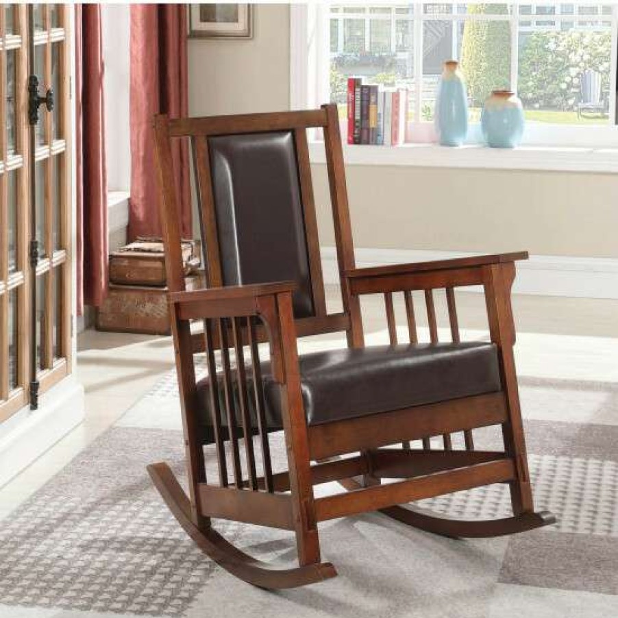 Furniture * | Hot Sale Simple Relax Leather Upholstered Rocking Chair In Tobacco And Dark Brown