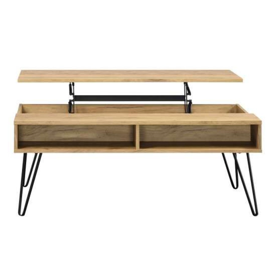 Furniture * | Best Pirce Simple Relax 2 Shelves Lift Top Coffee Table With Metal Legs Golden Oak And Black