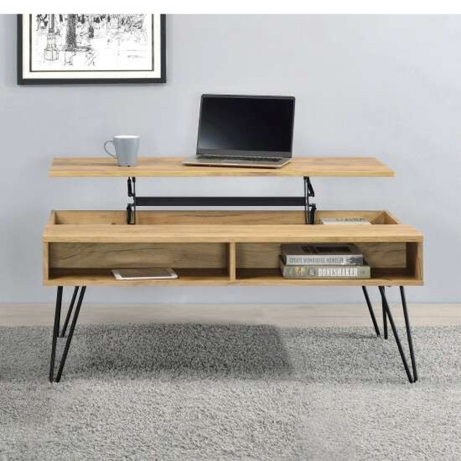 Furniture * | Best Pirce Simple Relax 2 Shelves Lift Top Coffee Table With Metal Legs Golden Oak And Black