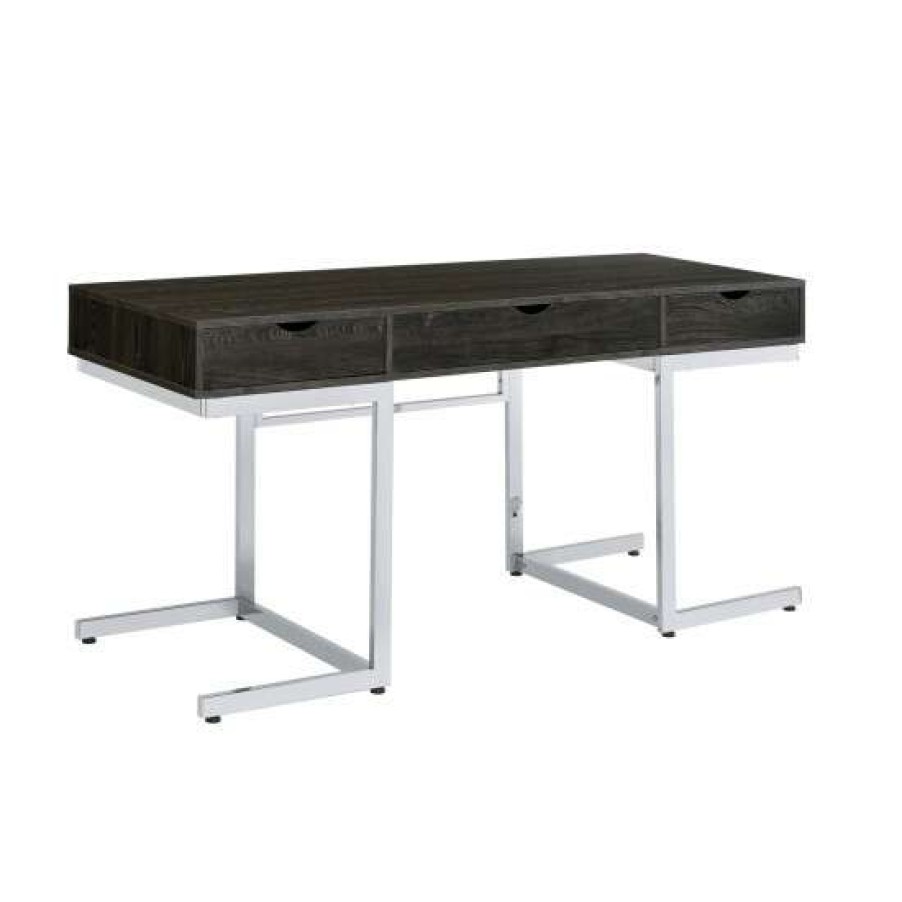 Furniture * | Wholesale Simple Relax 3-Drawer Wood Writing Desk With Metal Base In Dark Oak And Chrome