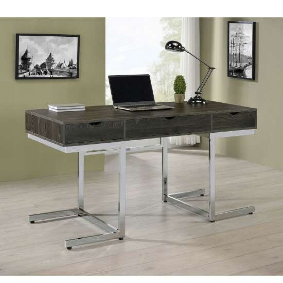 Furniture * | Wholesale Simple Relax 3-Drawer Wood Writing Desk With Metal Base In Dark Oak And Chrome