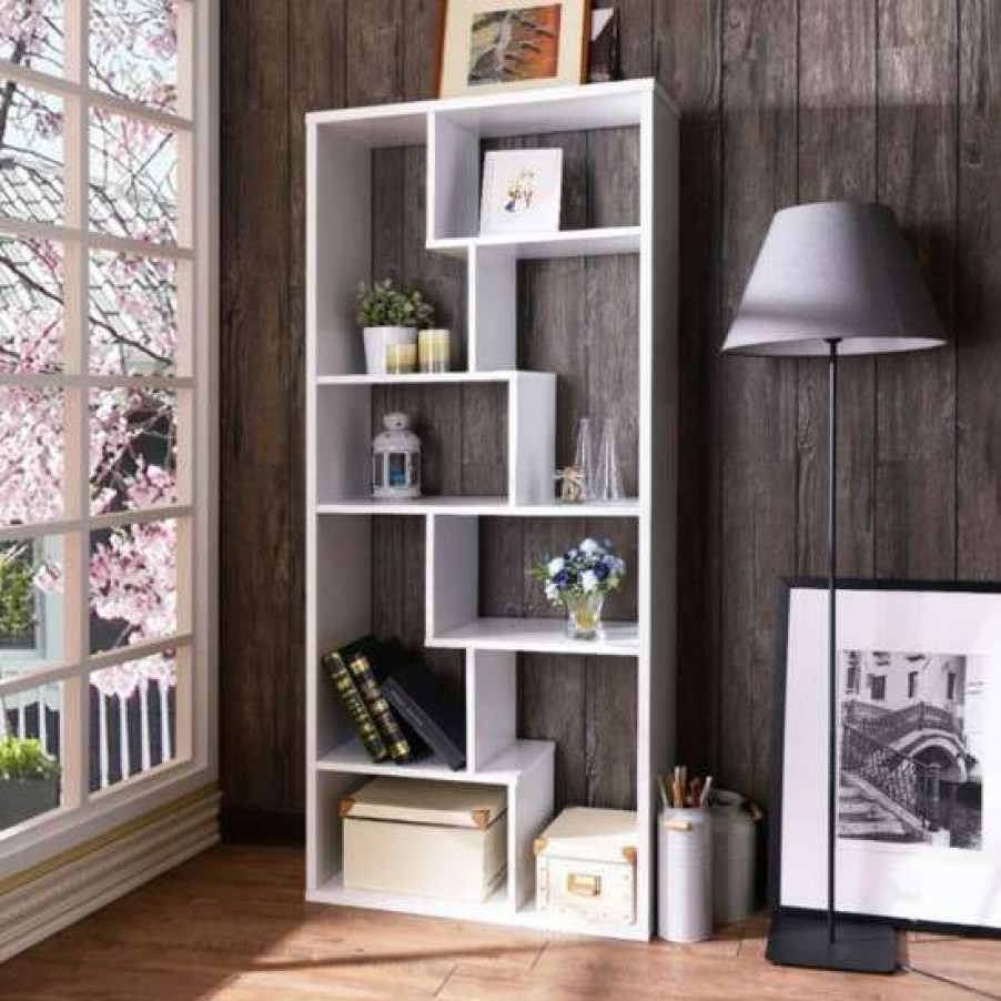 Furniture * | Top 10 Simple Relax Wooden Bookcase With 6 Wooden Shelves In White Finish