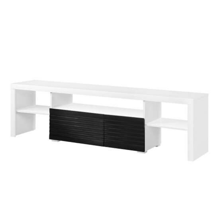 Furniture * | Hot Sale Simple Relax 1 Drawer And 5 Open Compartments Tv Stand In White And Black High Gloss Finish