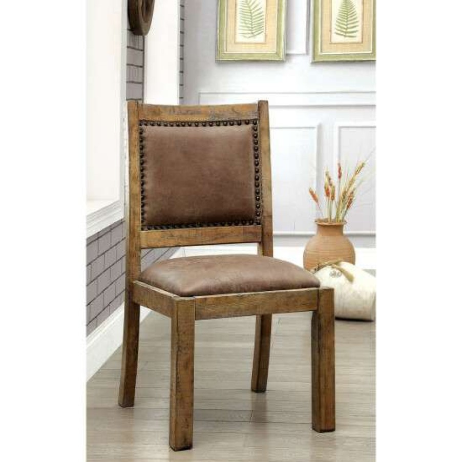 Furniture * | Buy Simple Relax Set Of 2 Fabric And Wood Side Chairs Rustic Oak And Brown Finish