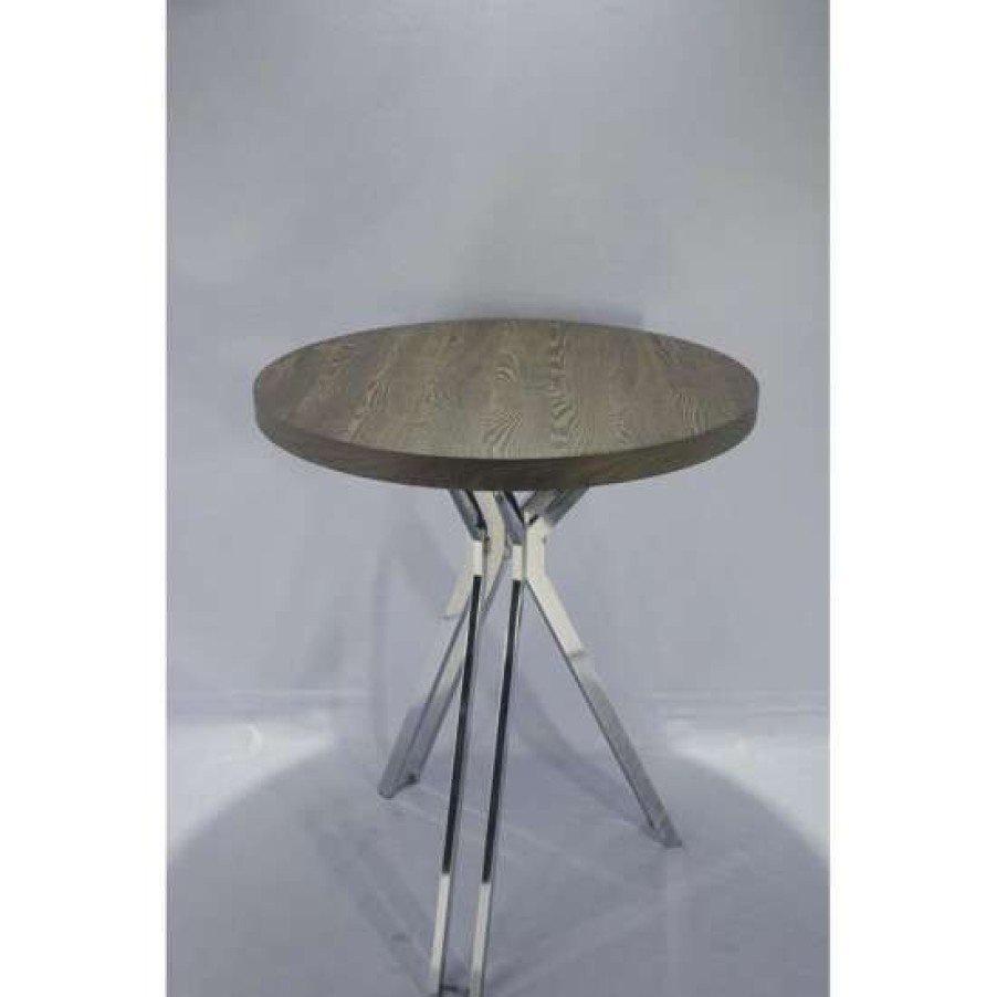 Furniture * | Buy Simple Relax Wood Top Round Bar Table With Metal Base In Dark Oak And Chrome