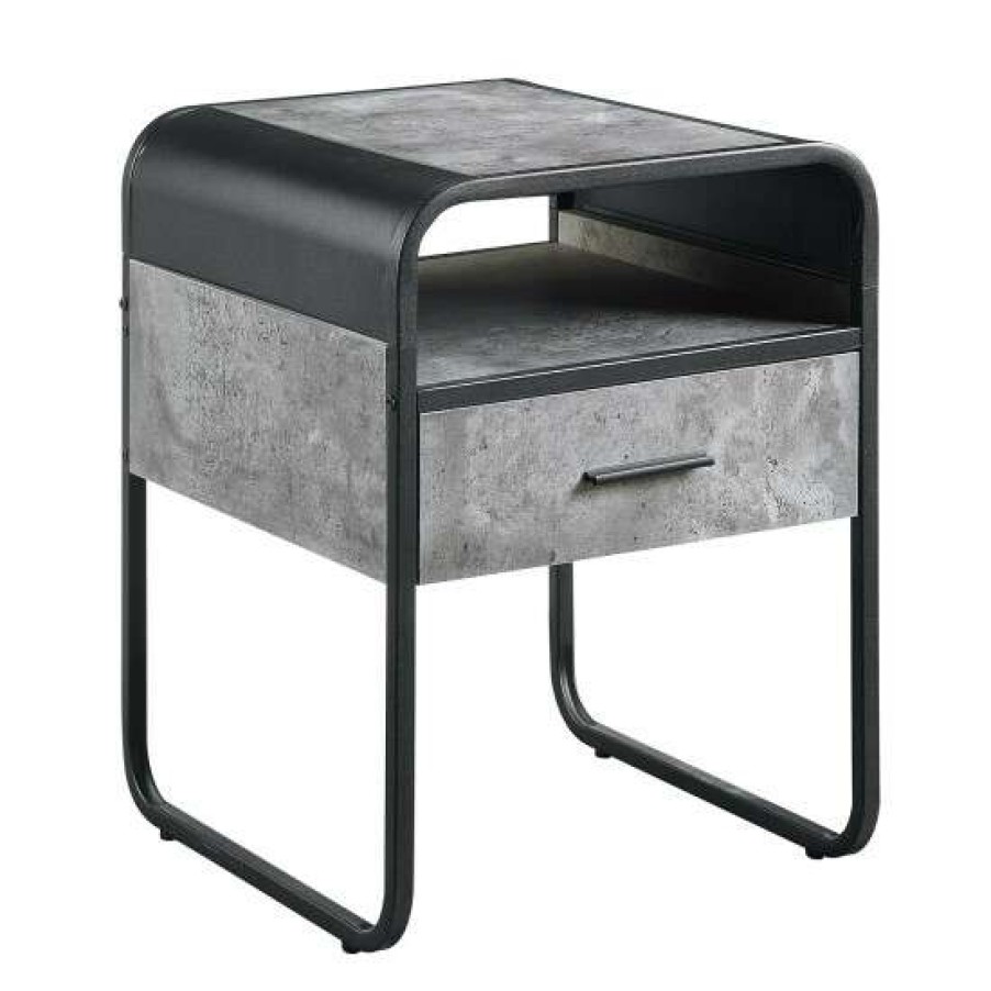 Furniture * | New Simple Relax 1 Open Shelf And 1 Drawer Square End Table With Metal Frame In Concrete Gray And Black