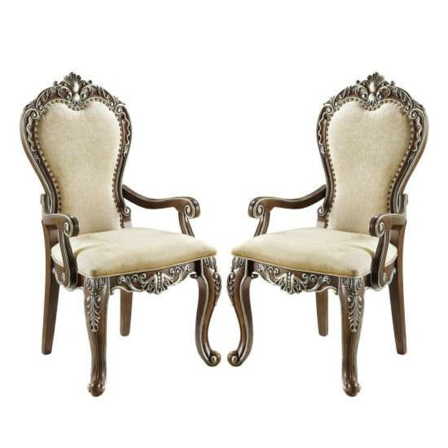 Furniture * | Buy Simple Relax Set Of 2 Chenille Padded Dining Arm Chair In Antique Oak And Beige