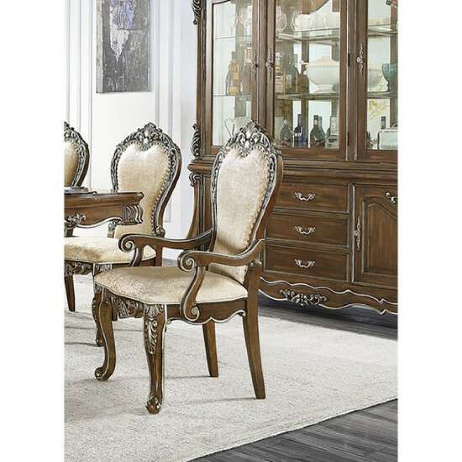 Furniture * | Buy Simple Relax Set Of 2 Chenille Padded Dining Arm Chair In Antique Oak And Beige