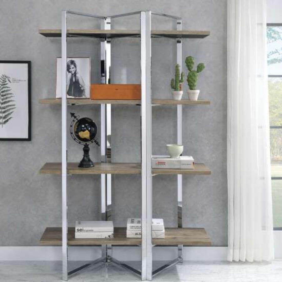 Furniture * | Discount Simple Relax Bookshelf With 4 Wooden Fixed Shelves In Chrome Finish