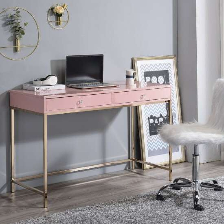 Furniture * | Budget Simple Relax Rectangular Writing Desk With 2 Drawers In Pink And Gold