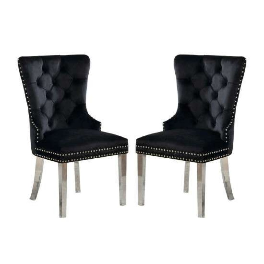 Furniture * | Outlet Simple Relax Set Of 2 Wingback Dining Chair With Button Tufted In Black Blue