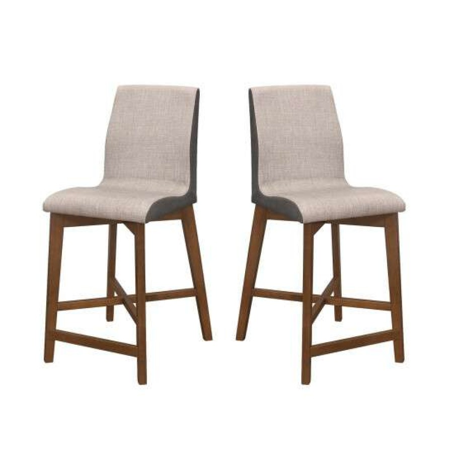 Furniture * | Buy Simple Relax Set Of 2 Upholstered Counter Height Stools In Grey And Natural Walnut