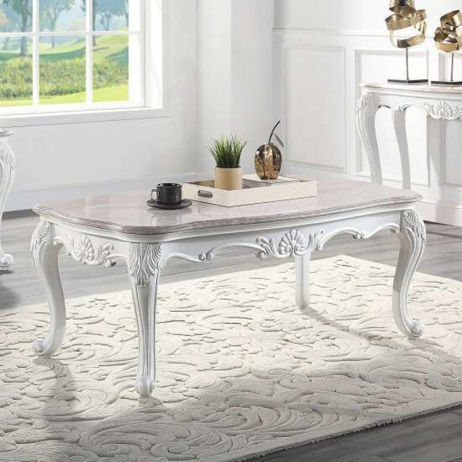 Furniture * | Promo Simple Relax Rectangular Marble Top Coffee Table In White Finish