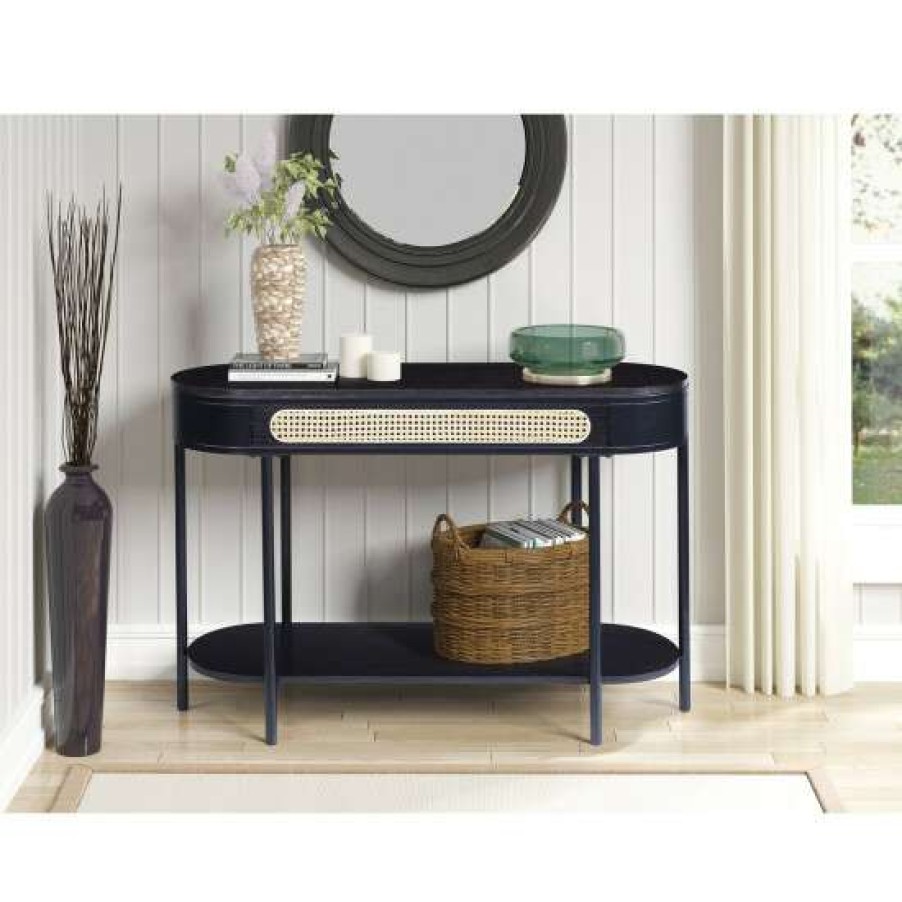 Furniture * | Flash Sale Simple Relax 1 Open Shelf Oval Sofa Table With Metal Legs In Black Finish