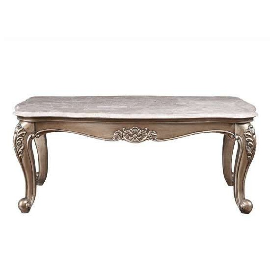 Furniture * | Flash Sale Simple Relax Rectangular Marble Top Coffee Table In Champagne Finish