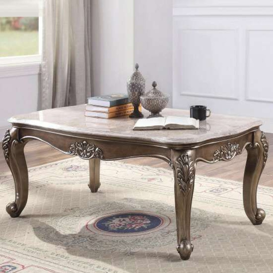 Furniture * | Flash Sale Simple Relax Rectangular Marble Top Coffee Table In Champagne Finish